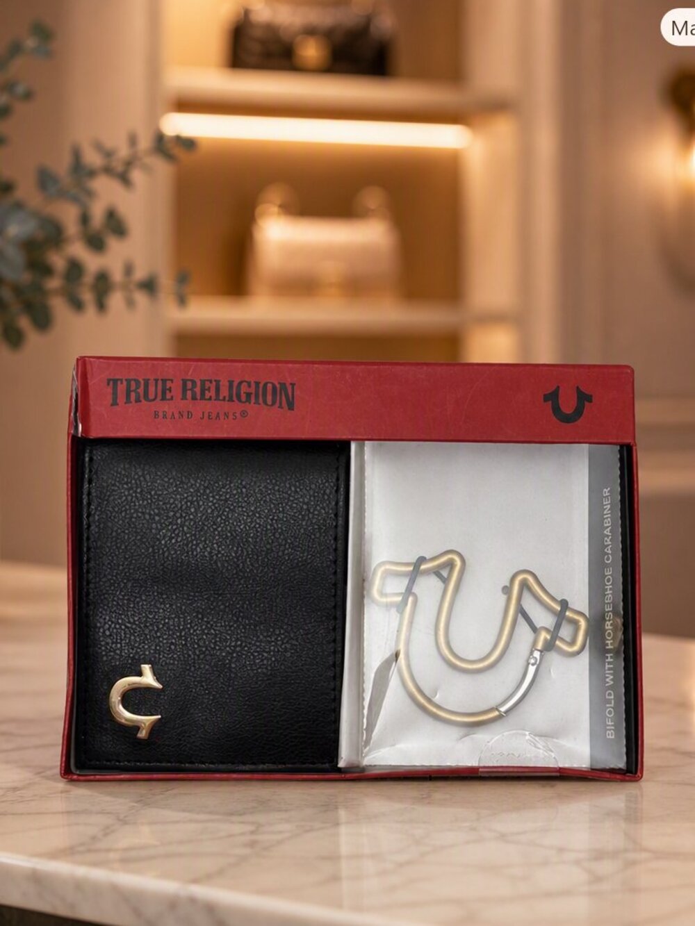 True Religion Black Leather Card Holder with Horseshoe Carabiner NWT